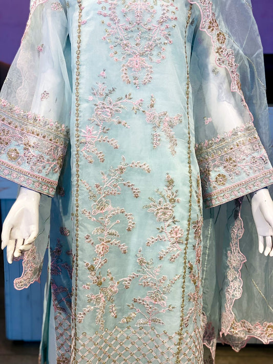 Formal Mint Blue Embroidered 3-Piece Organza Suit with Dupatta