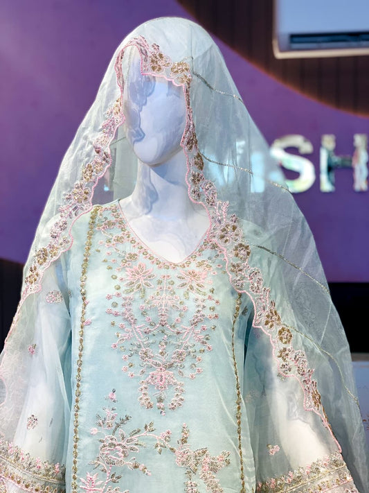 Formal Mint Blue Embroidered 3-Piece Organza Suit with Dupatta
