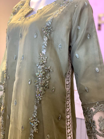 Elegant Olive Green Hand-Embellished Organza Suite
