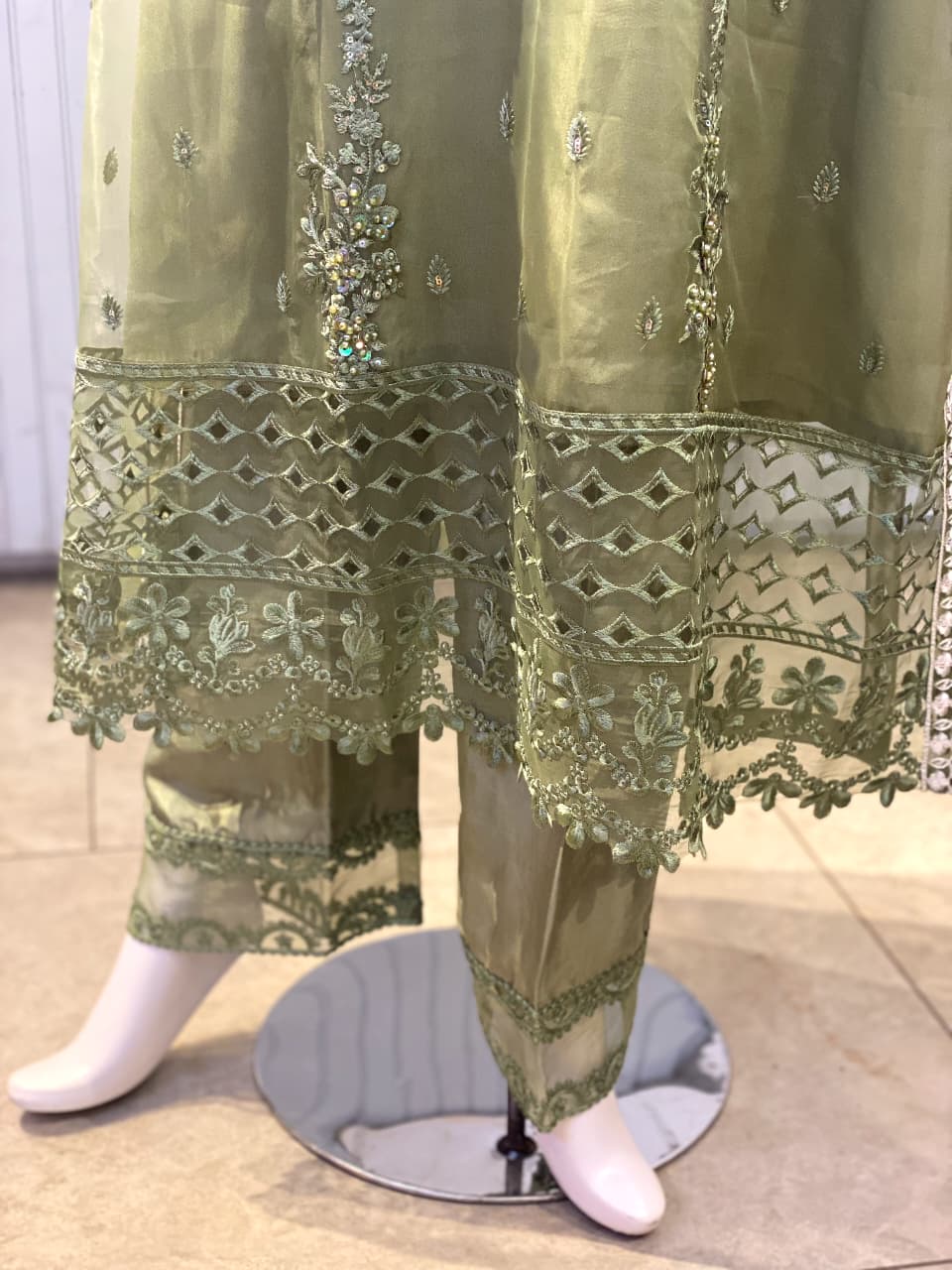 Elegant Olive Green Hand-Embellished Organza Suite