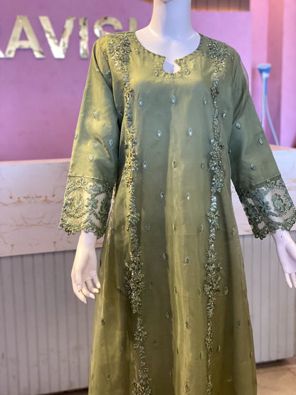 Elegant Olive Green Hand-Embellished Organza Suite