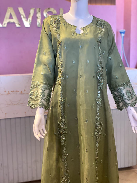 Elegant Olive Green Hand-Embellished Organza Suite