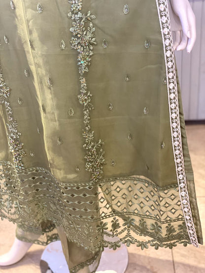 Elegant Olive Green Hand-Embellished Organza Suite
