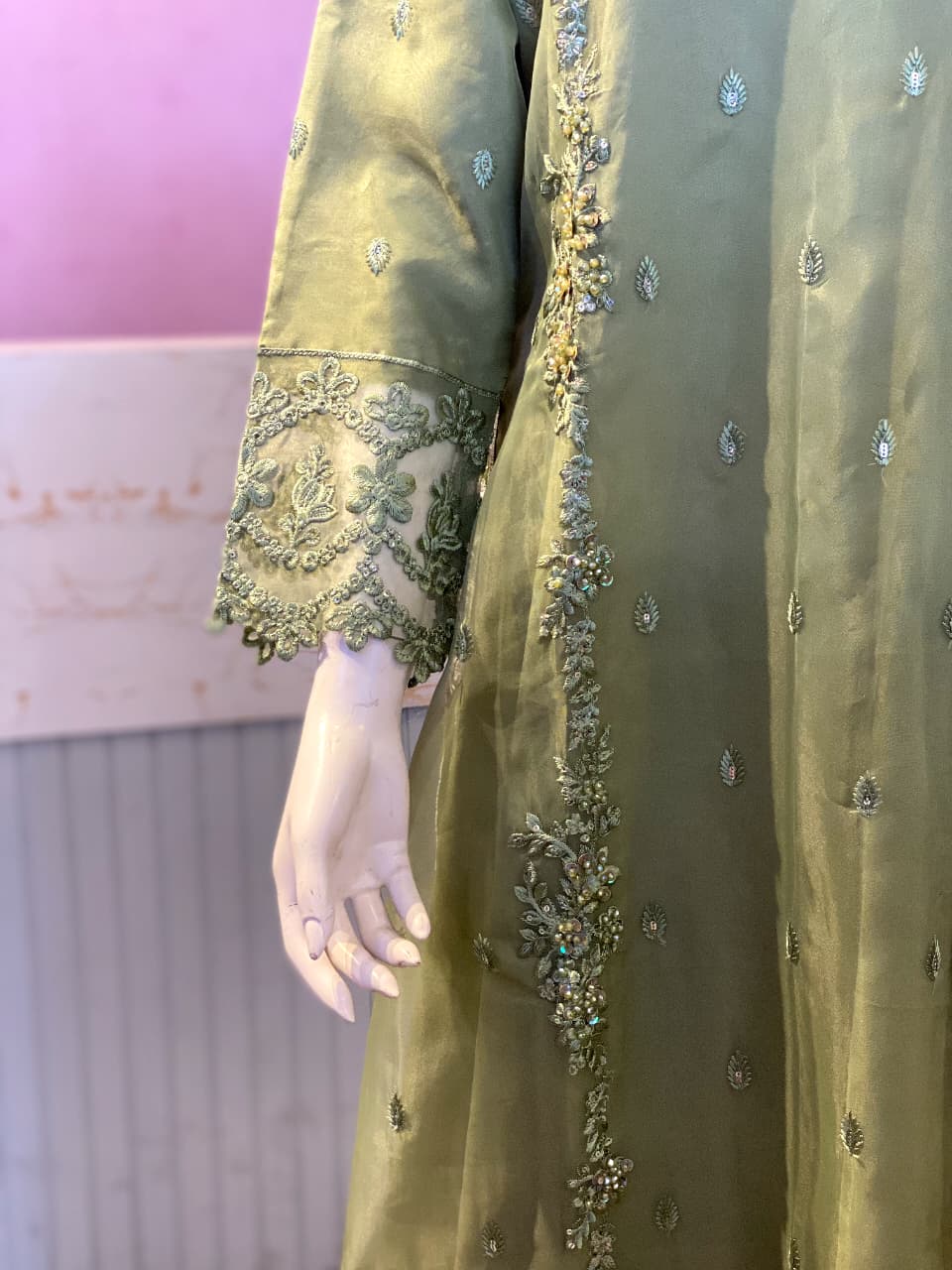 Elegant Olive Green Hand-Embellished Organza Suite