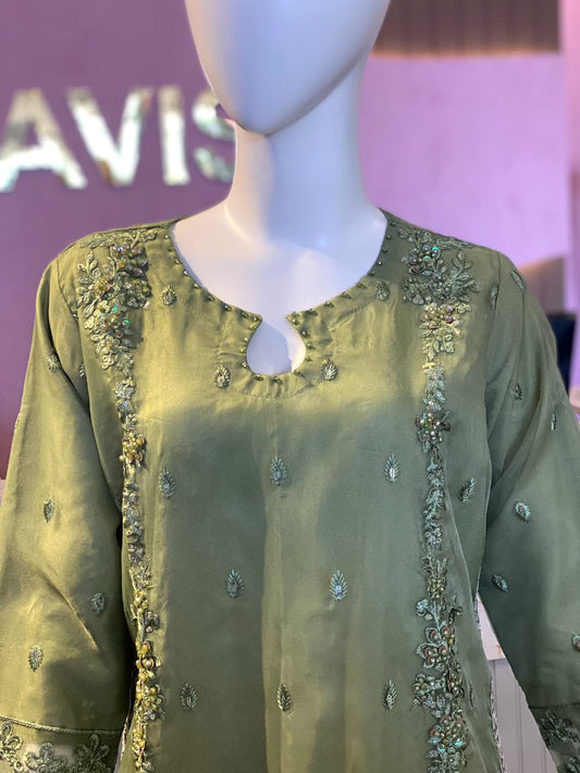 Elegant Olive Green Hand-Embellished Organza Suite