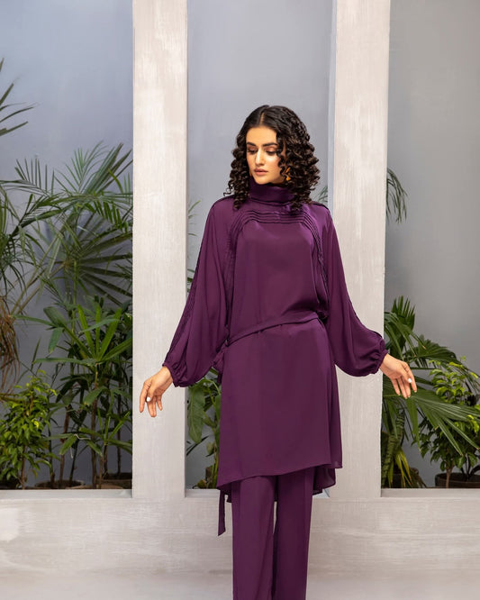 Elegant Deep Purple Georgette 2-Piece Cord Set with Tunic and Trousers