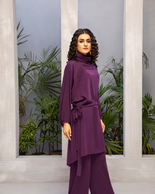 Elegant Deep Purple Georgette 2-Piece Cord Set with Tunic and Trousers