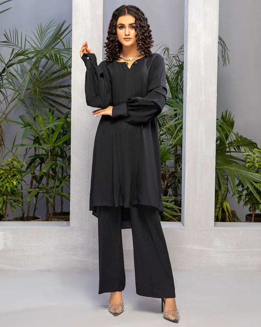 Sophisticated Jet Black Georgette 2-Piece Cord Set with Pleated Tunic and Trousers