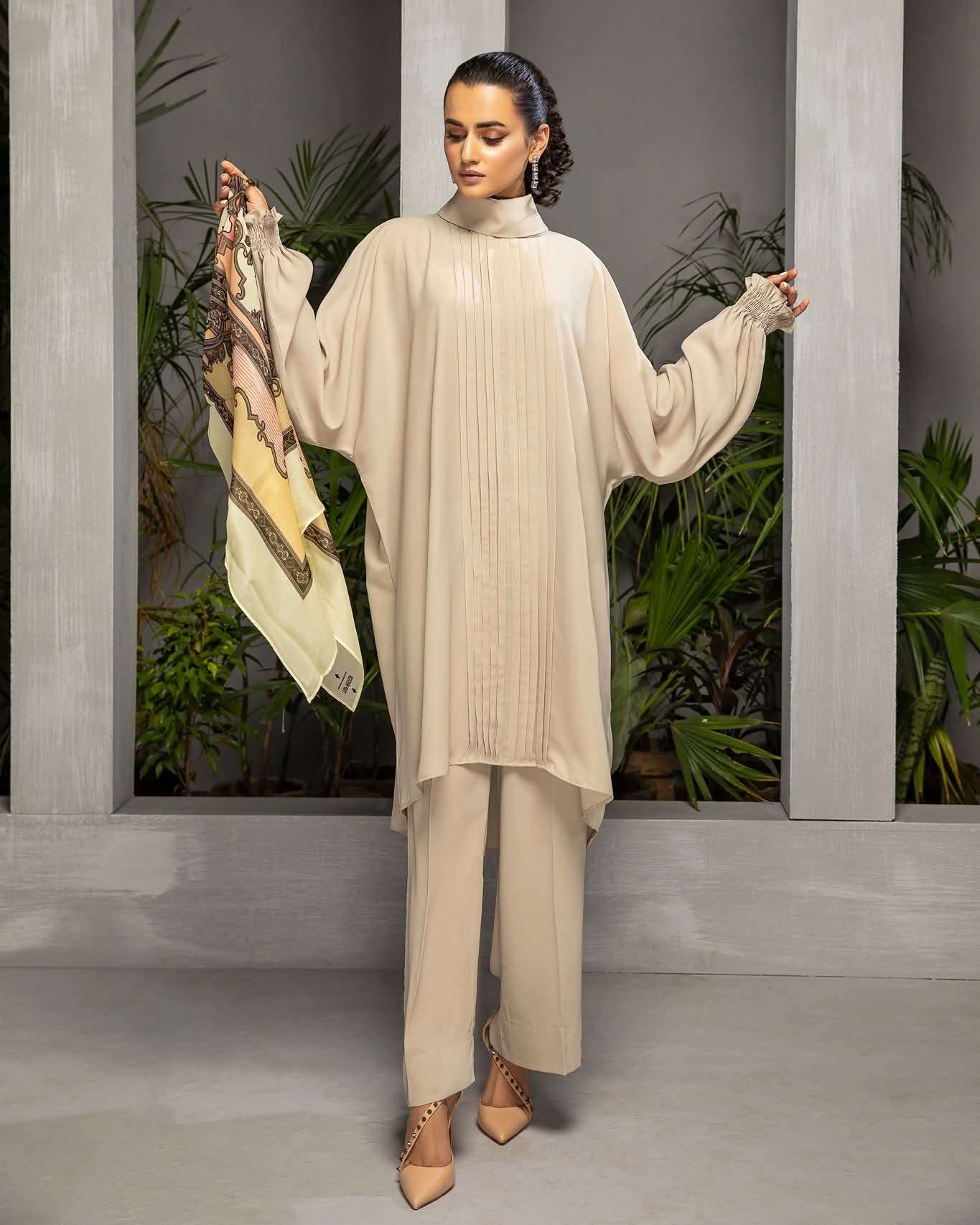 Minimalist Beige Georgette 2-Piece Cord Set with Pleated Tunic and Trousers