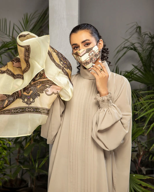 Minimalist Beige Georgette 2-Piece Cord Set with Pleated Tunic and Trousers