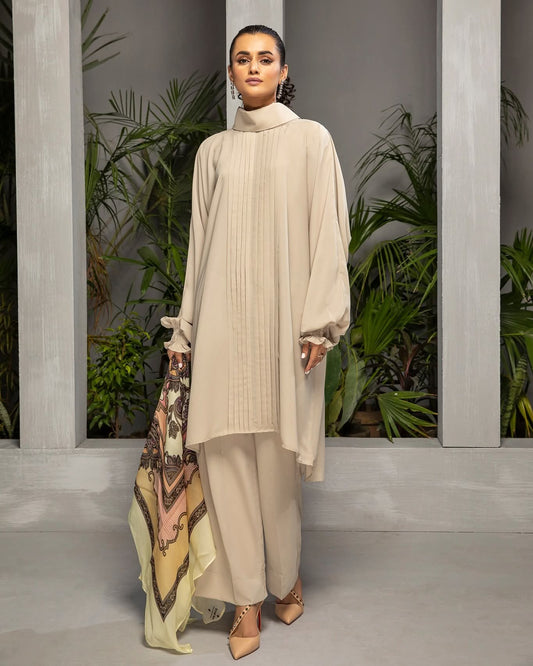 Minimalist Beige Georgette 2-Piece Cord Set with Pleated Tunic and Trousers