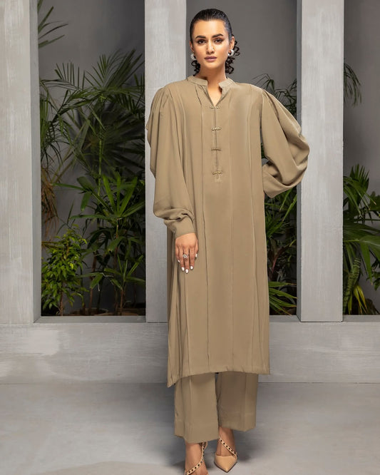 Elegant Taupe Georgette 2-Piece Cord Set with Tunic and Trousers