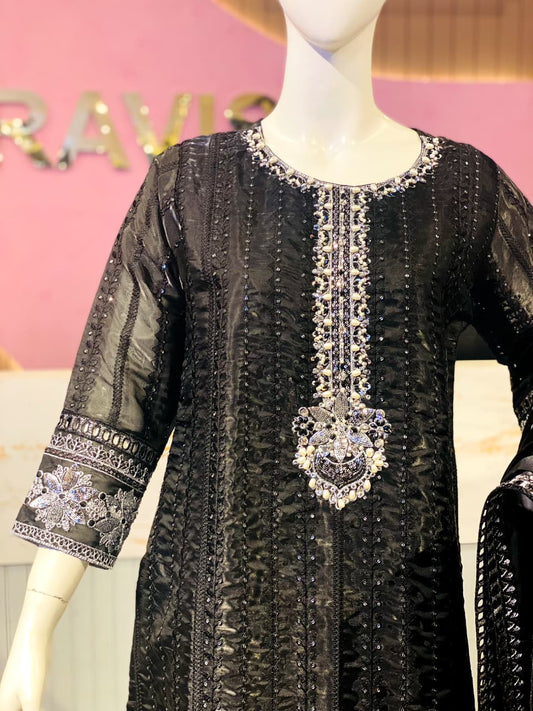 Classic Black Hand-Embellished Sheesha Silk Ensemble