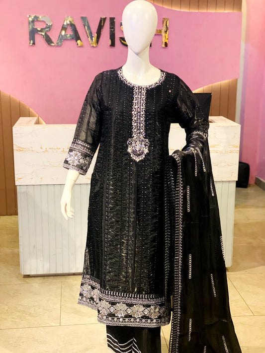 Classic Black Hand-Embellished Sheesha Silk Ensemble