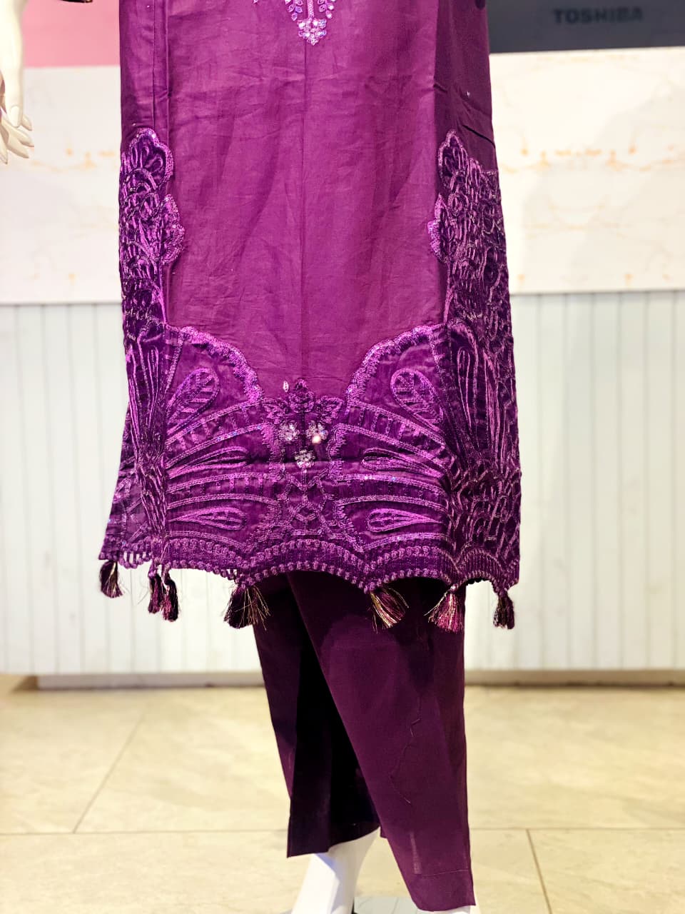 Regal Plum Cotton Ensemble with Intricate Embellishments