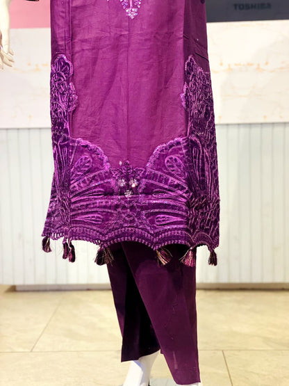 Regal Plum Cotton Ensemble with Intricate Embellishments