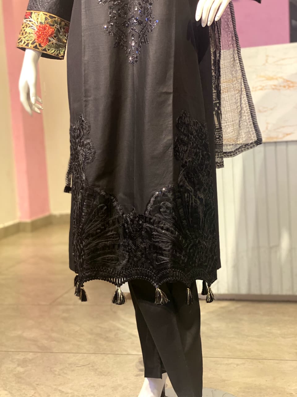 Elegant Black Embroidered Cotton Ensemble with Contrast Floral Cuffs