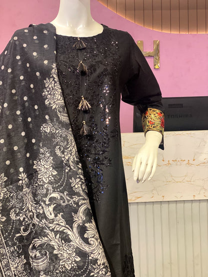 Elegant Black Embroidered Cotton Ensemble with Contrast Floral Cuffs