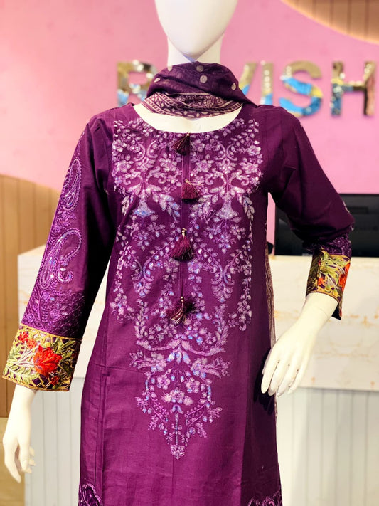 Regal Plum Cotton Ensemble with Intricate Embellishments