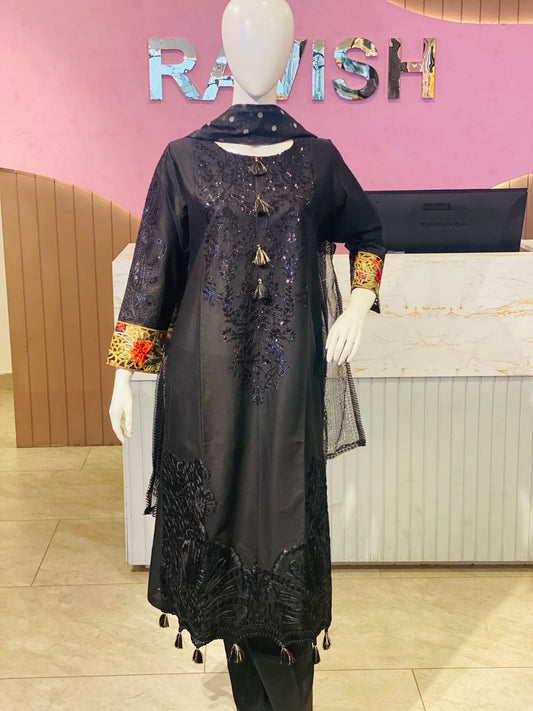 Elegant Black Embroidered Cotton Ensemble with Contrast Floral Cuffs