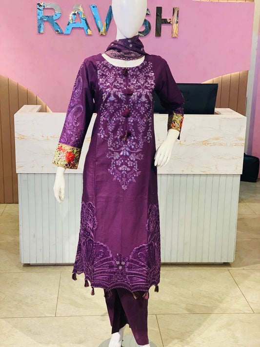 Regal Plum Cotton Ensemble with Intricate Embellishments
