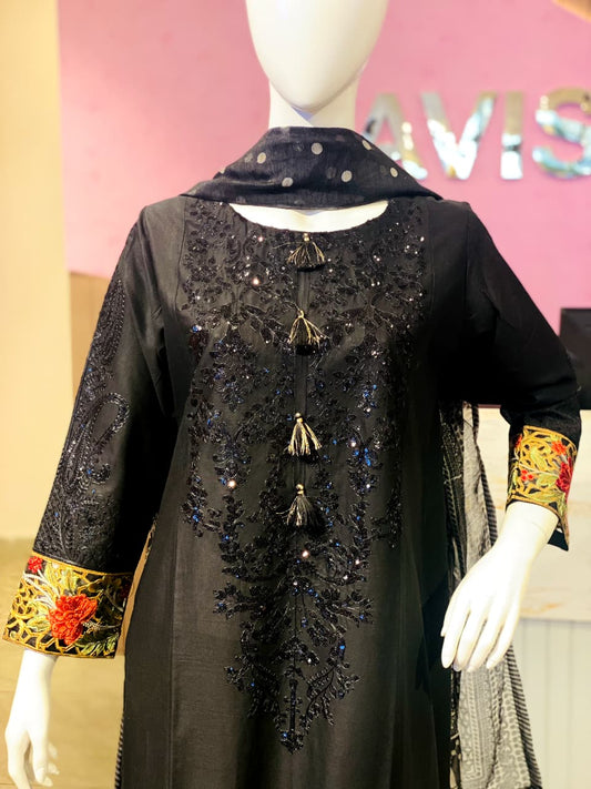 Elegant Black Embroidered Cotton Ensemble with Contrast Floral Cuffs