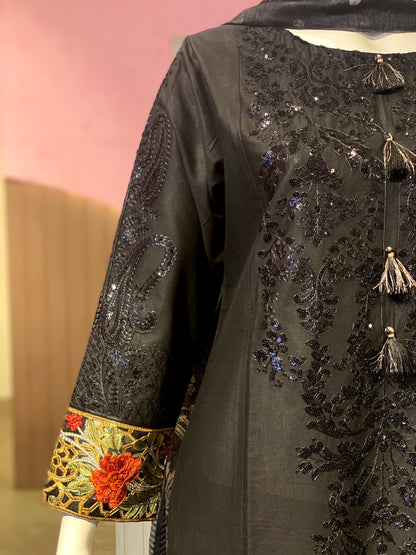 Elegant Black Embroidered Cotton Ensemble with Contrast Floral Cuffs