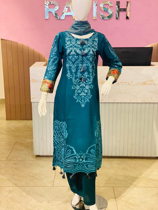 Teal Embellished Cotton Kurta Set with Embroidered Floral Cuffs