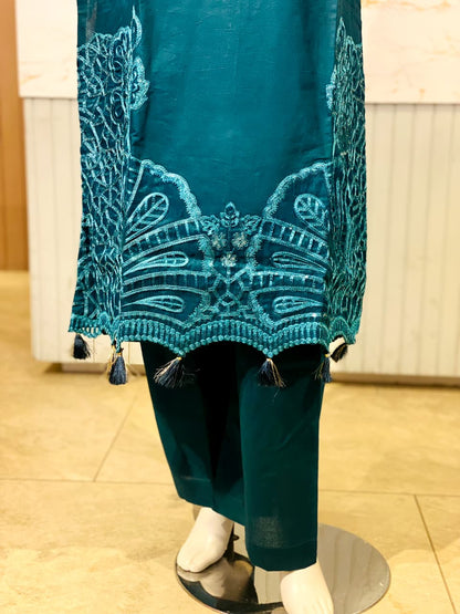 Teal Embellished Cotton Kurta Set with Embroidered Floral Cuffs