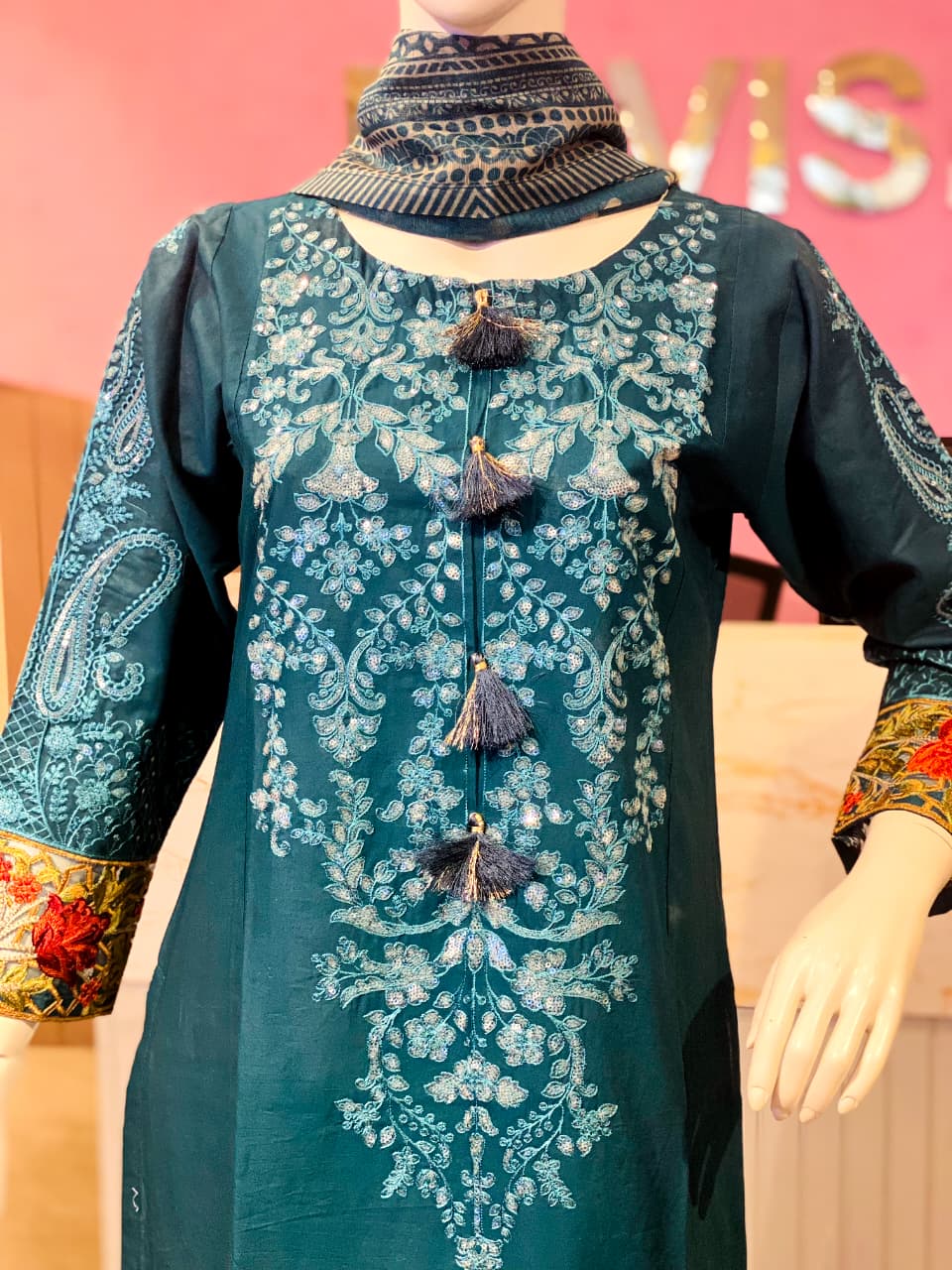 Teal Embellished Cotton Kurta Set with Embroidered Floral Cuffs