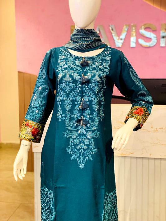 Teal Embellished Cotton Kurta Set with Embroidered Floral Cuffs