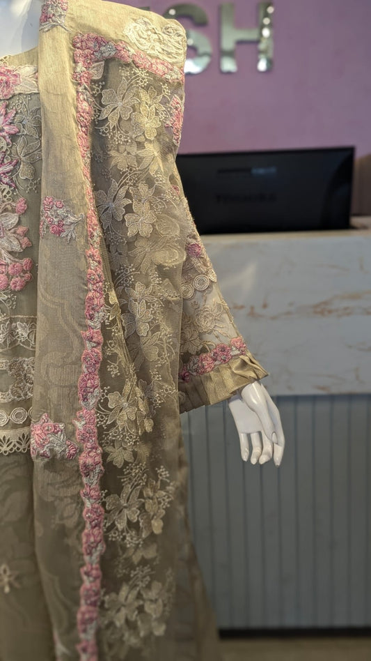 Premium Hand-Embroidered Floral Cotton Lawn 3-Piece Suite – Champagne Gold & Rose Pink
