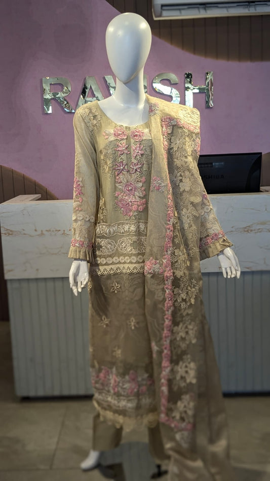 Premium Hand-Embroidered Floral Cotton Lawn 3-Piece Suite – Champagne Gold & Rose Pink