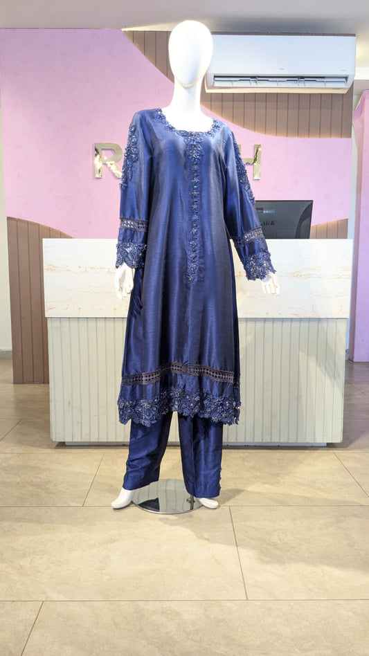 Midnight Indigo Pure Raw Silk Hand-Embroidered 3-Piece Suite – Royal Gala Edition