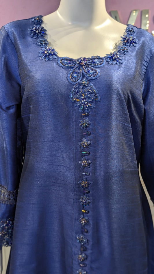 Midnight Indigo Pure Raw Silk Hand-Embroidered 3-Piece Suite – Royal Gala Edition