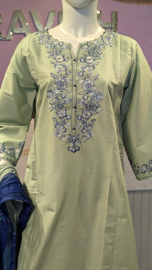 Sage Green Embroidered Soft Cotton Kurta with Floral Farshi Shalwar