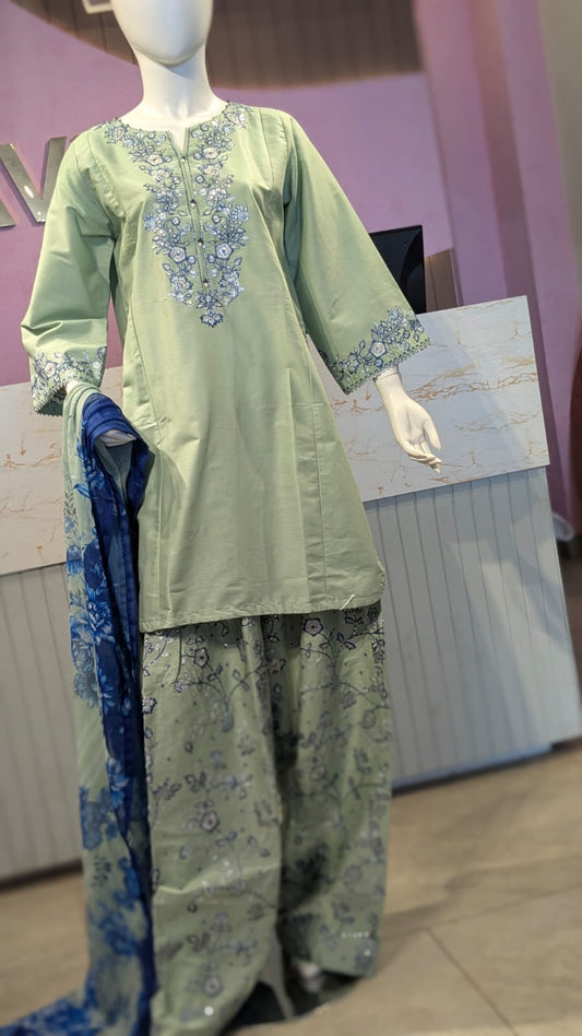 Sage Green Embroidered Soft Cotton Kurta with Floral Farshi Shalwar