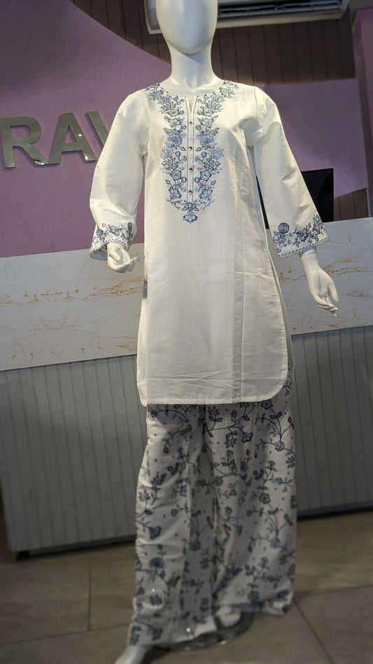 Pristine White Fully Embroidered Soft Cotton Kurta and Farshi Shalwar Set