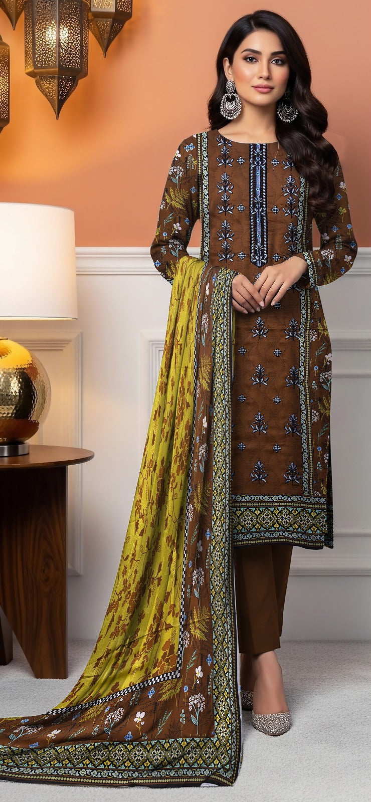 Embroidered Lawn 3-Piece Suit – Earthy Cocoa