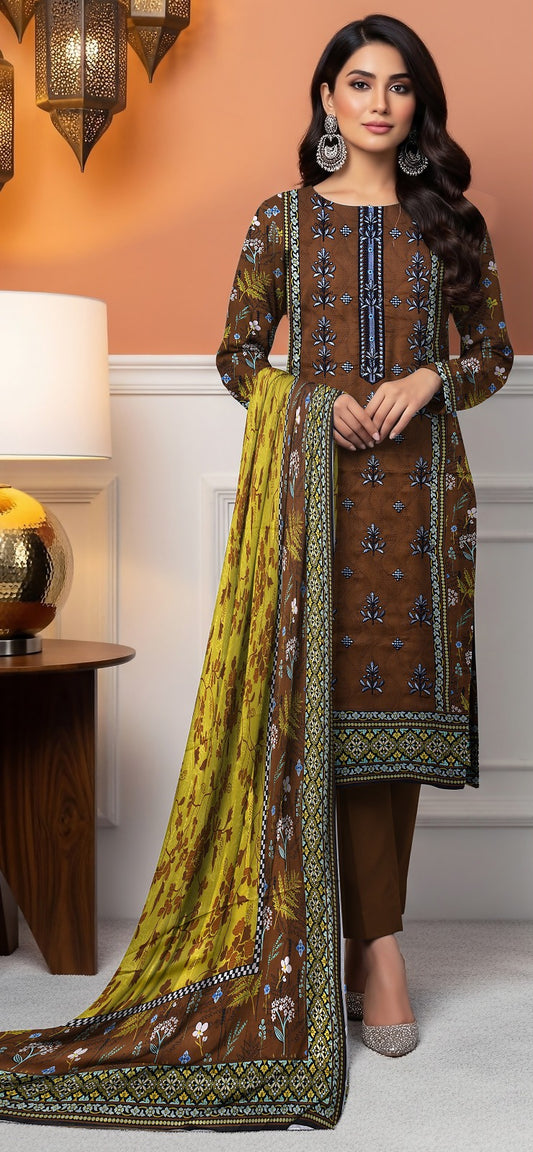 Embroidered Lawn 3-Piece Suit – Earthy Cocoa