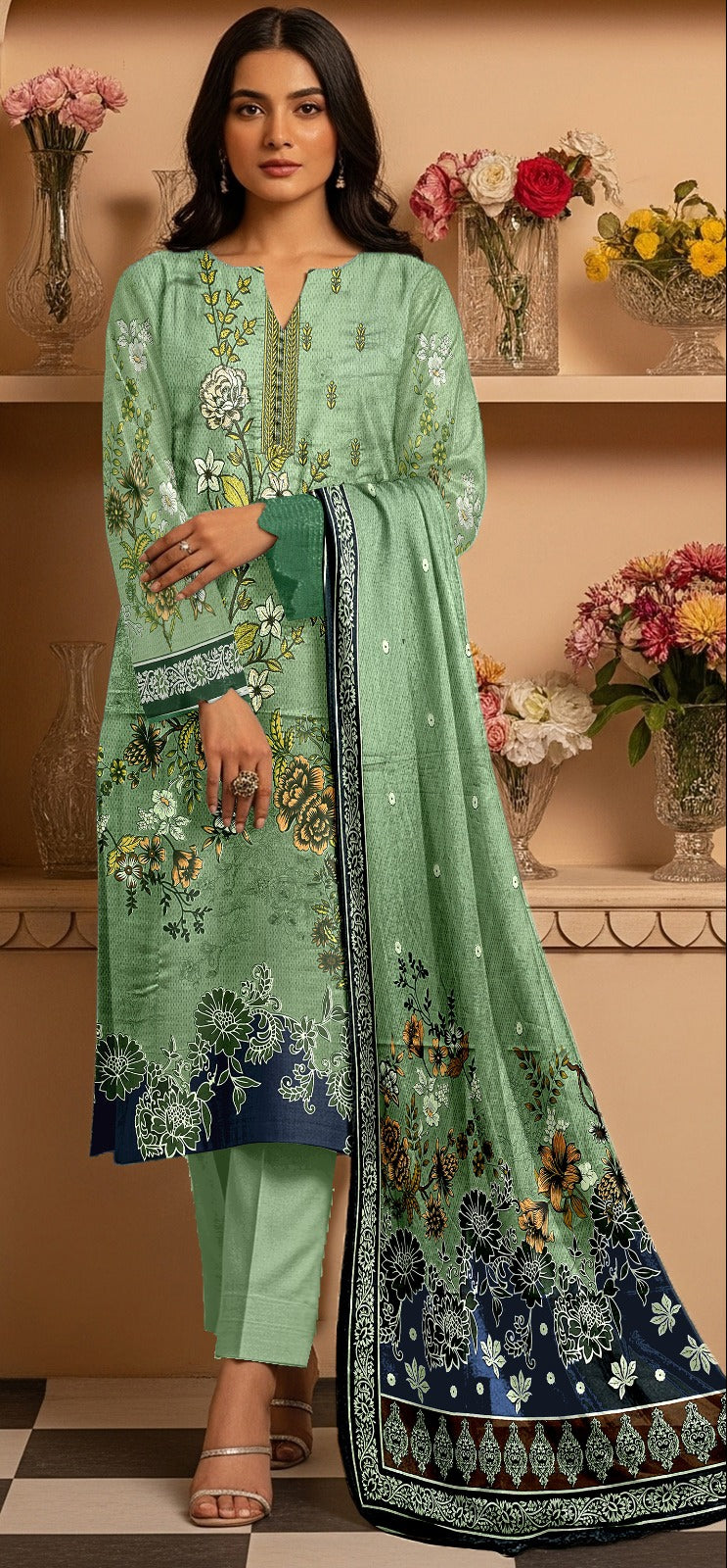 Embroidered Lawn 3-Piece Suit – Sage Mint