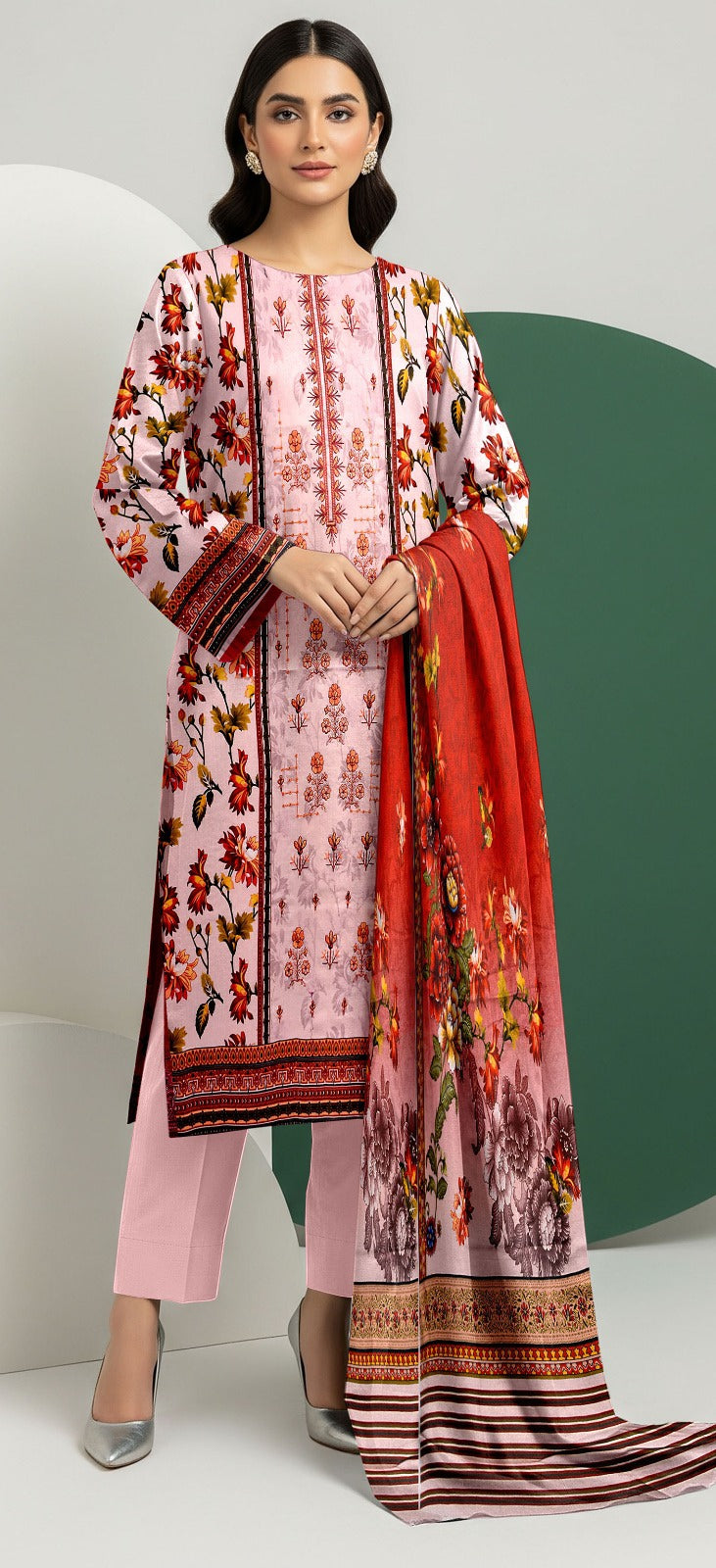Embroidered Lawn 3-Piece Suit – Blush & Crimson