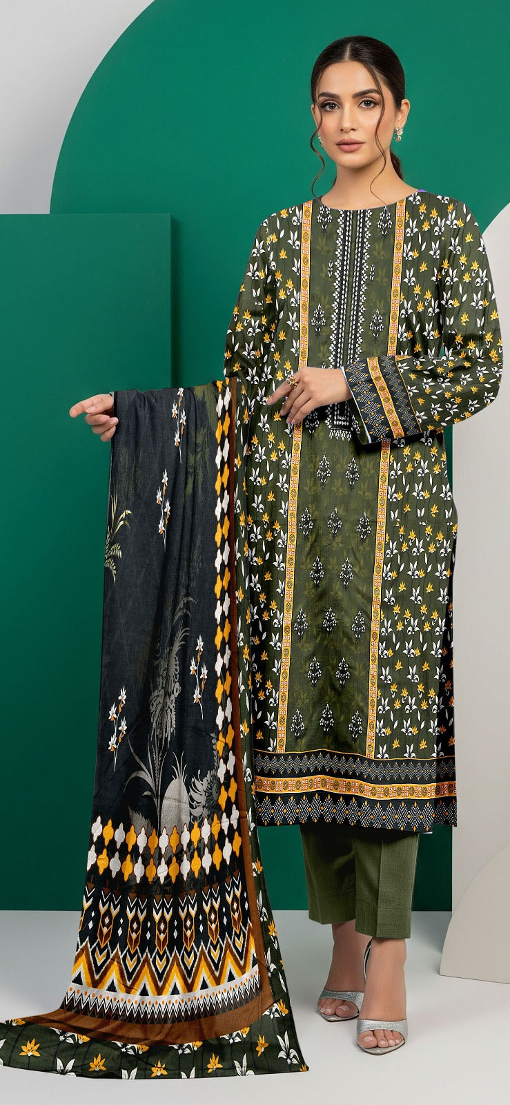 Premium 3-Piece Semi-Embroidered Lawn Suit with Geometric Borders & Printed Dupatta – Olive Green