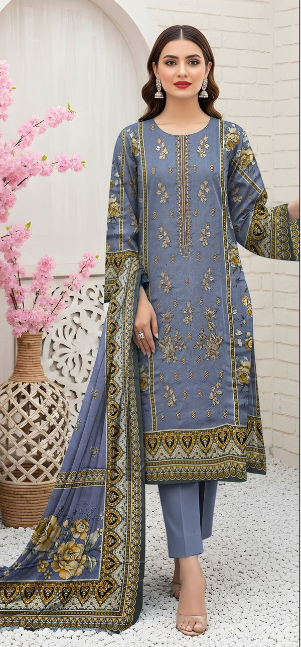 Elegant 3-Piece Semi-Embroidered Lawn Suit with Vintage Floral Print & Dupatta – Slate Blue