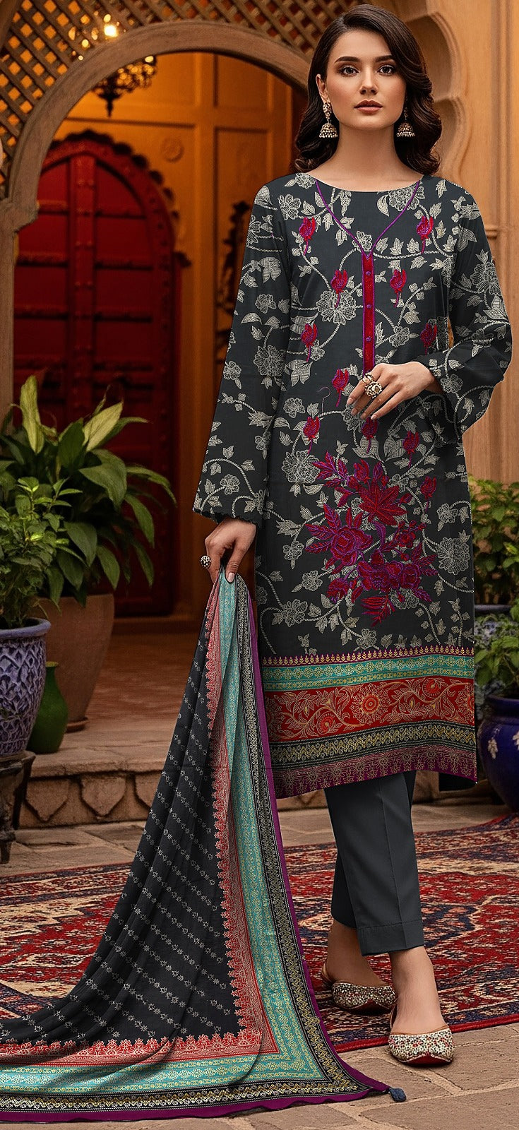 Premium 3-Piece Semi-Embroidered Lawn Suit with Floral Motif & Printed Dupatta – Charcoal Black