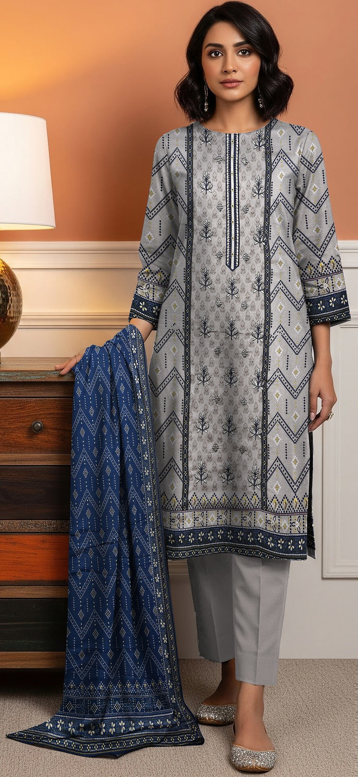 Elegant 3-Piece Semi-Embroidered Lawn Suit with Printed Dupatta – Steel Grey & Indigo