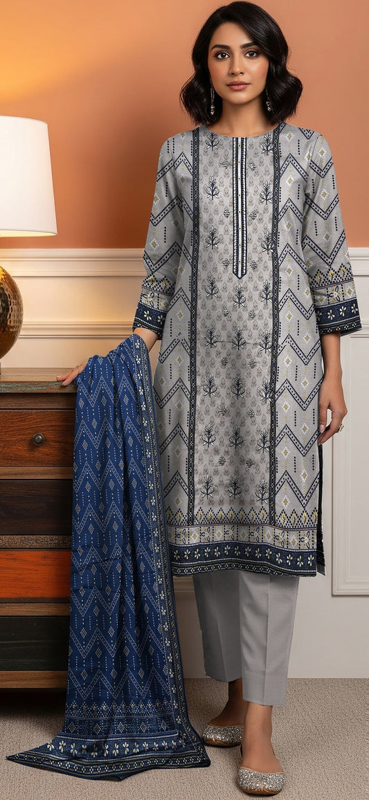 Elegant 3-Piece Semi-Embroidered Lawn Suit with Printed Dupatta – Steel Grey & Indigo