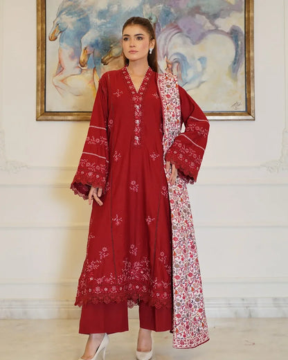 Crimson Royalty – Embroidered 3-Piece Khaddar Suit with Printed Wool Shawl