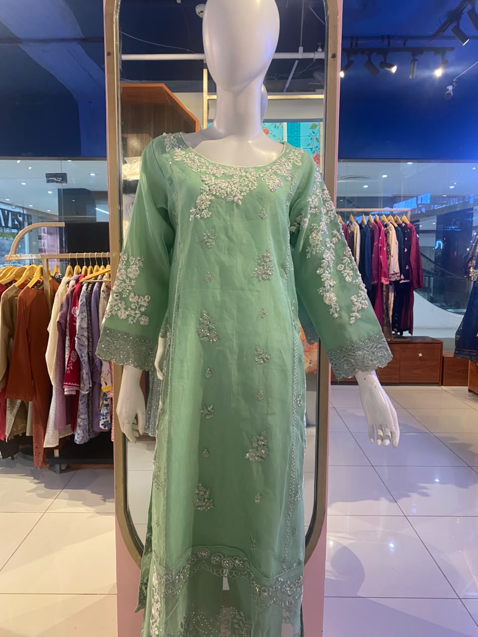 Mint Green Embroidered Organza 3-Piece Suit