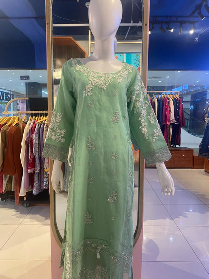 Mint Green Embroidered Organza 3-Piece Suit